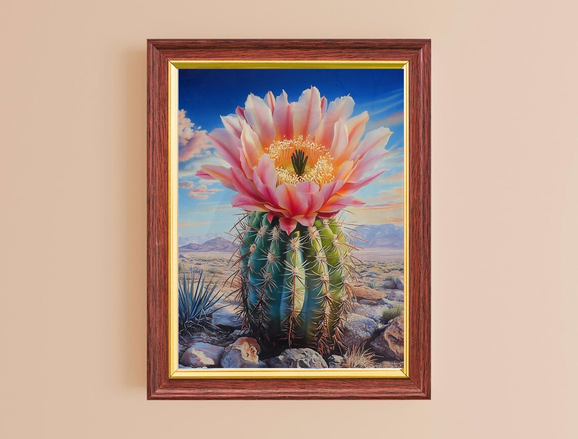 Blooming Cactus Pink Flower Desert Landscape Botanical Art Print - Image 2