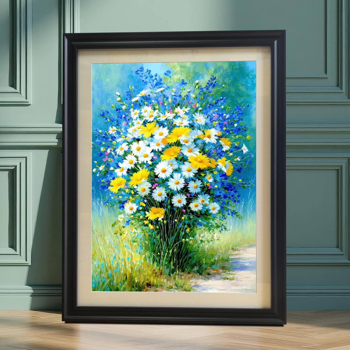 Impressionist Wildflower Meadow With Daisies and Blue Blooms Poster