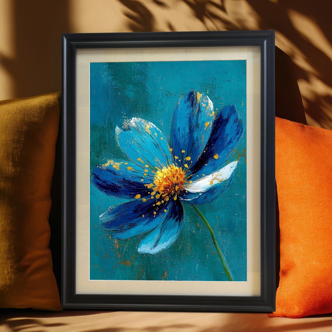 Striking Blue Flower With Golden Center on Teal Textured Poster