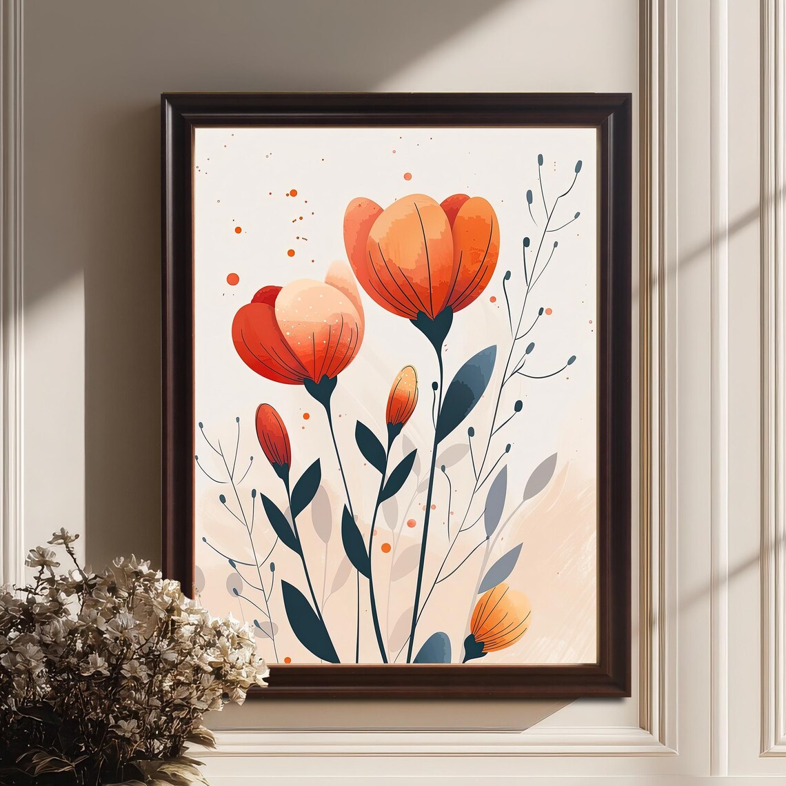 Orange Stylized Flowers Modern Botanical Illustration Poster