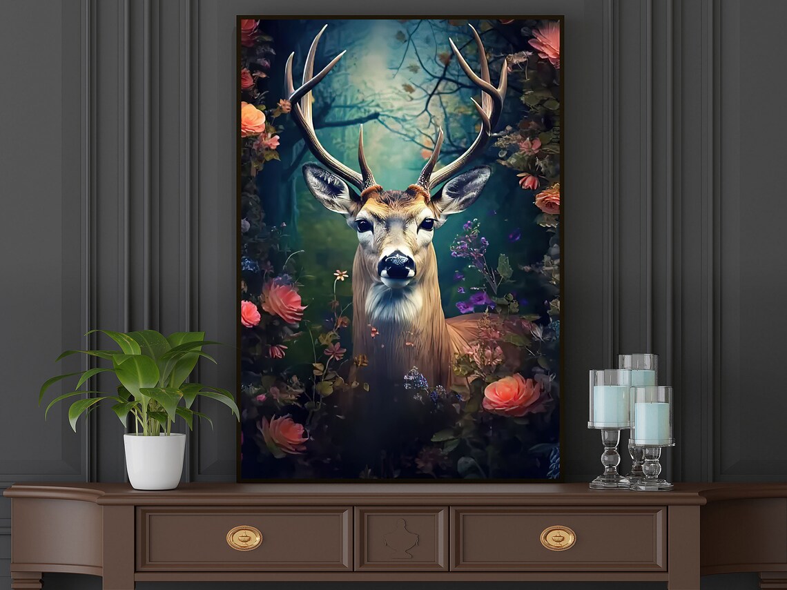 Majestic Stag Antlers Moonlit Blue Forest Flowers Enchanted Wildlife Art - Image 5