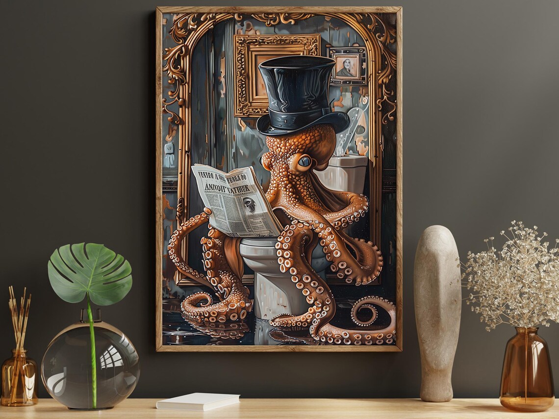 Vintage Octopus on Toilet Bathroom Poster Print - Image 5