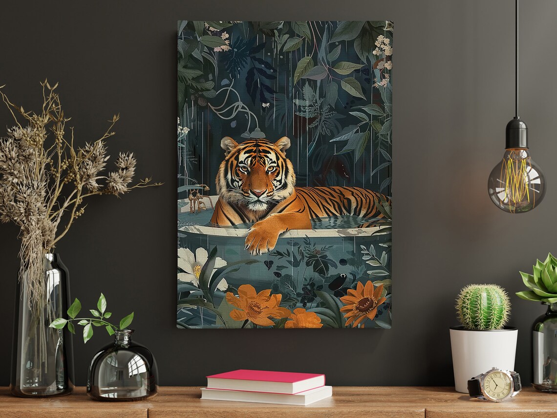 Tiger In Bathtub Tropical Jungle Floral Fun Animal Art Poster - Image 4
