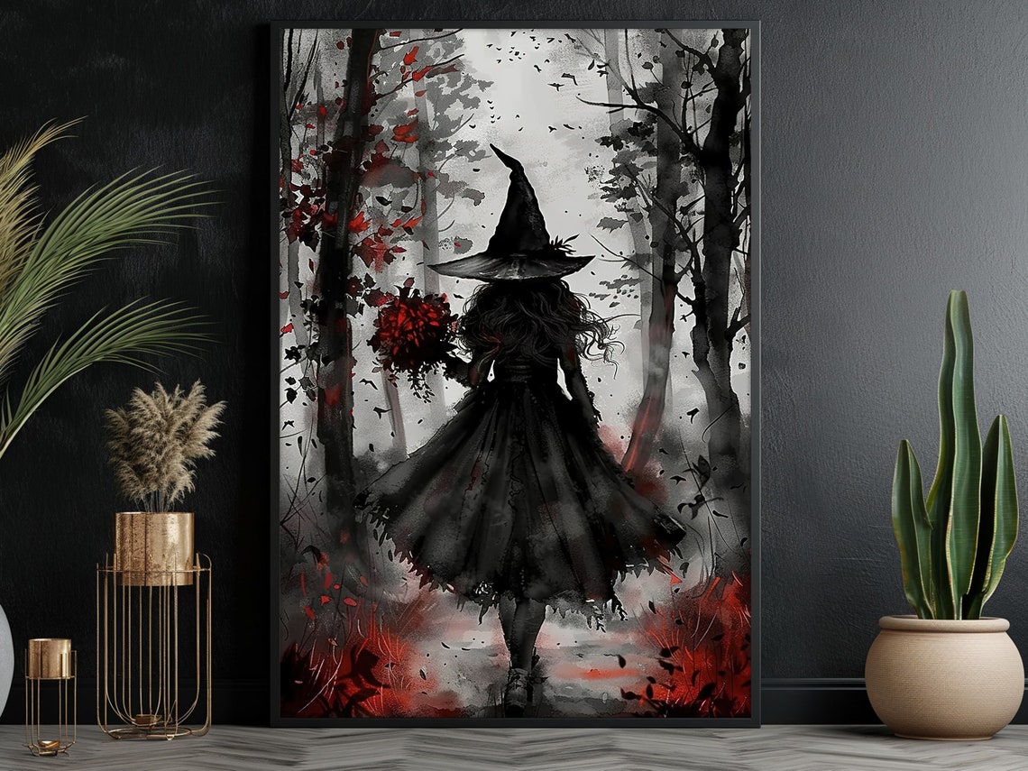 Dark Witch In Misty Forest Red Flowers Gothic Watercolor Halloween Art - Image 3
