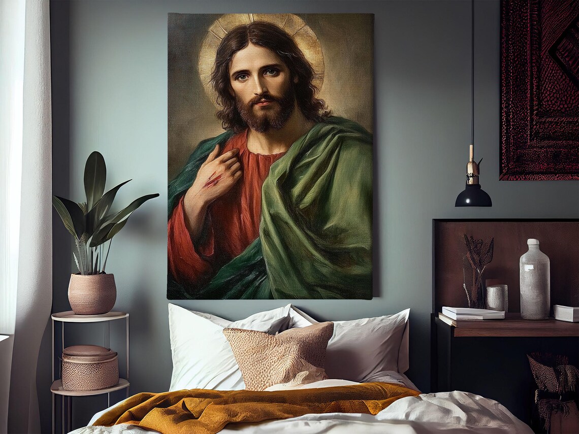 Classic Jesus Christ Portrait With Golden Halo Red Robe Religious Print - Image 3