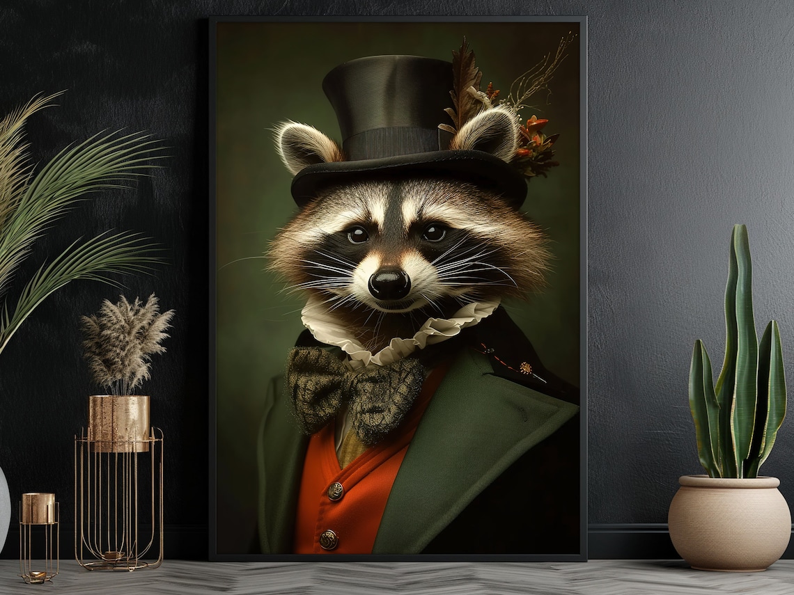 Vintage Gentleman Raccoon Gothic Animal Art Print