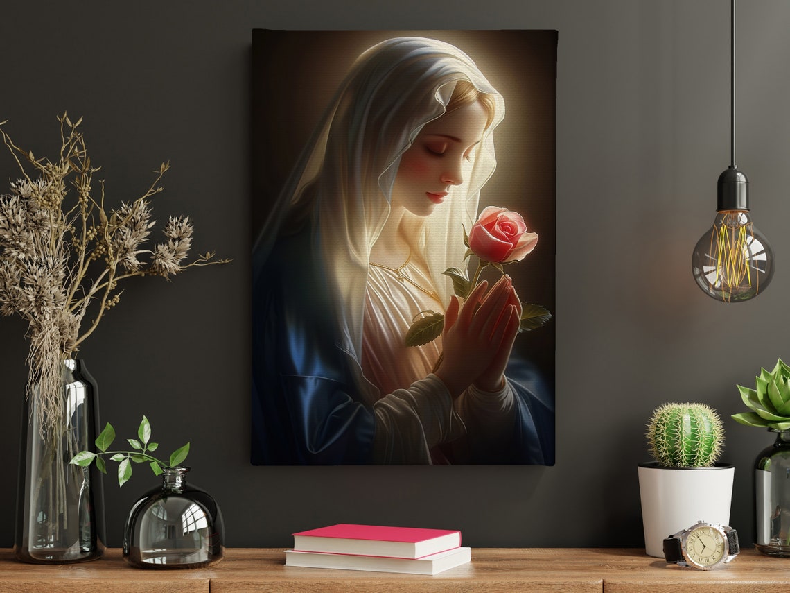 Virgin Mary Praying With Pink Rose Glowing Halo Devotional Poster - Image 4