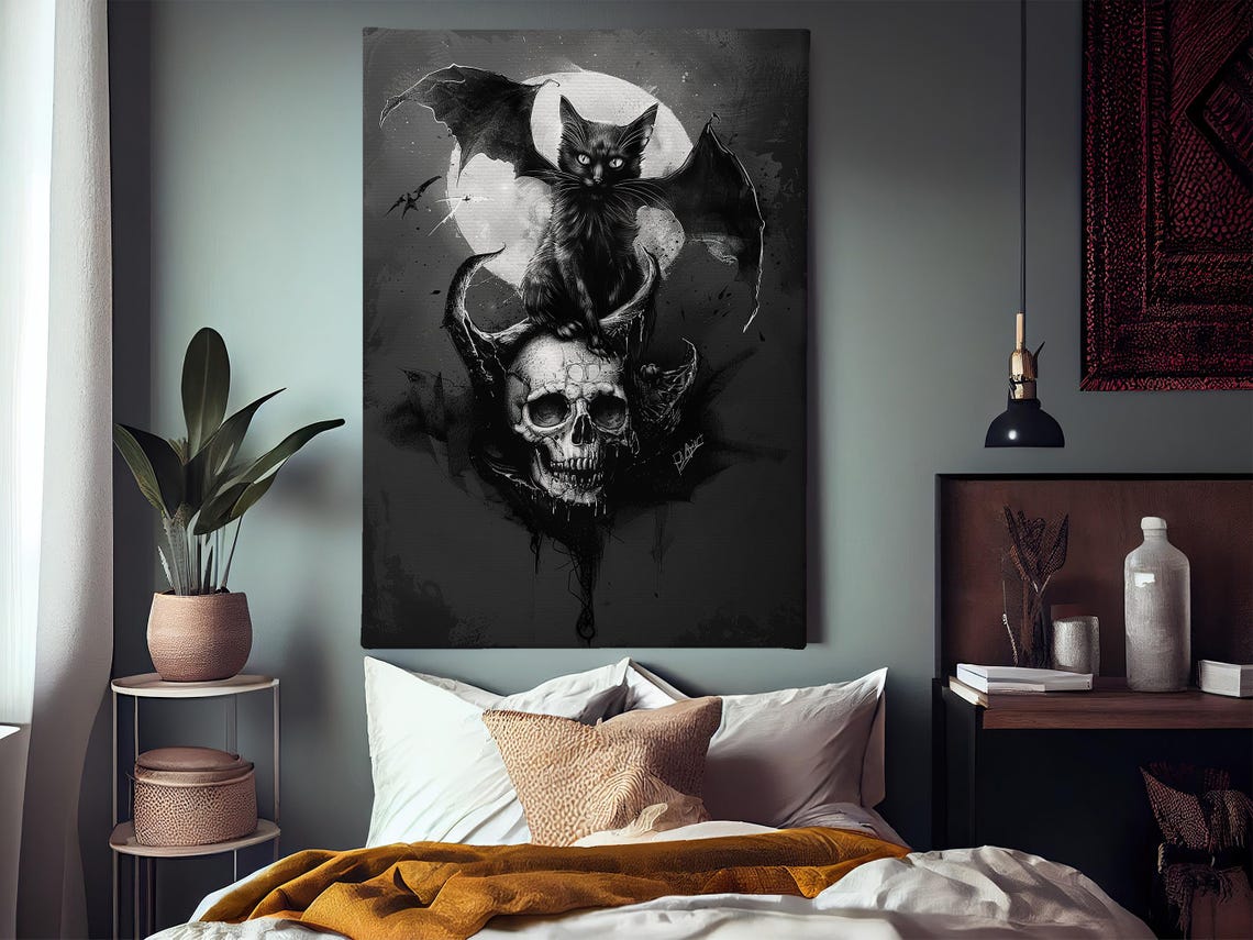 Gothic Black Cat with Bat Wings on Skull Under Full Moon Art Poster - Image 3