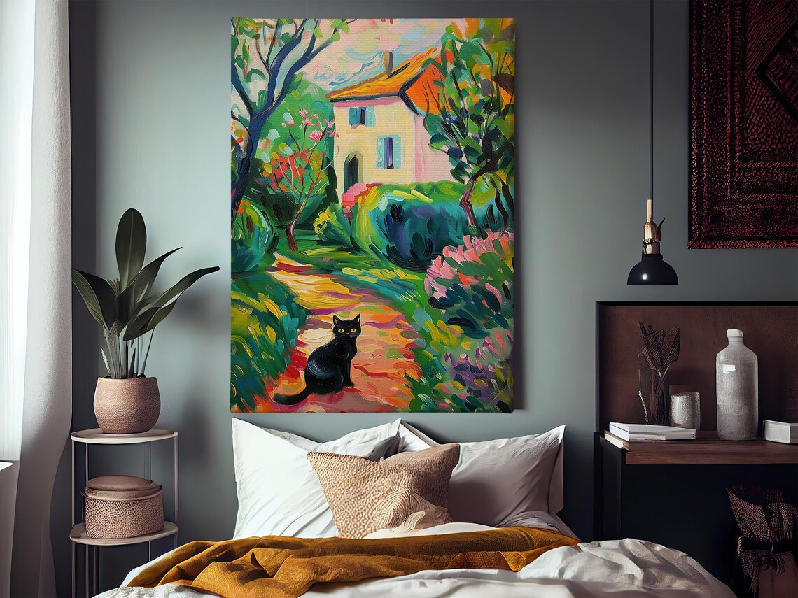 Black Cat Colorful Garden House Matisse Style Fauvist Art Poster - Image 2