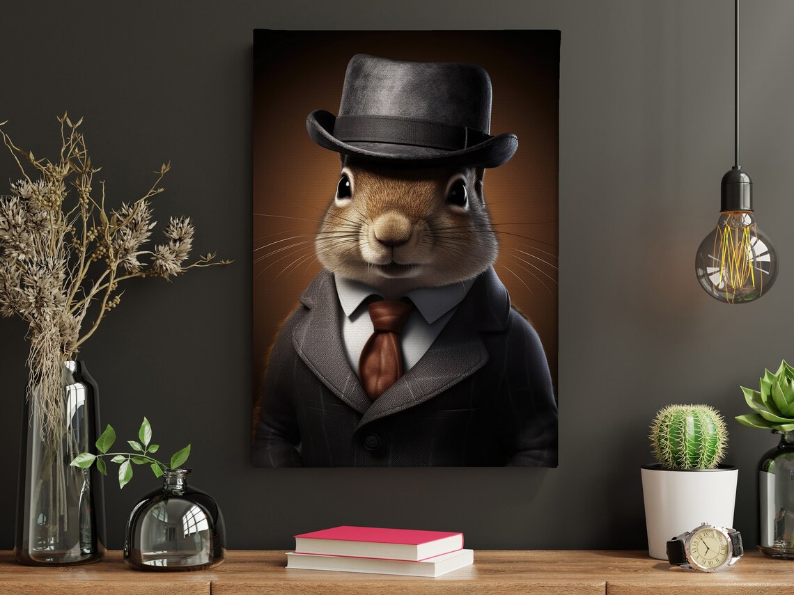 Squirrel In Gray Suit Fedora Gentleman Portrait Funny Animal Wall Poster - Image 4