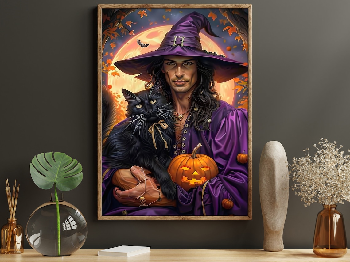 Male Witch Black Cat Pumpkin Harvest Moon Halloween Purple Robe Art Poster