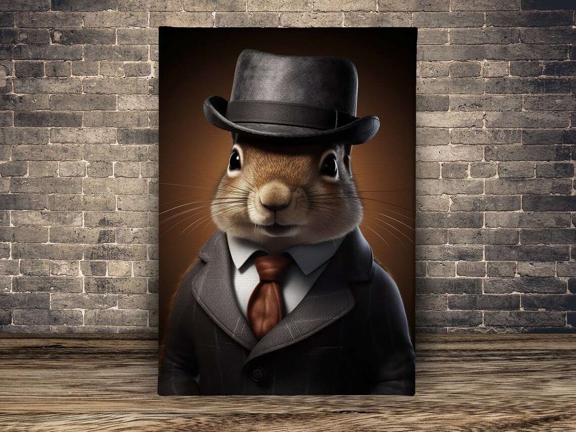 Squirrel In Gray Suit Fedora Gentleman Portrait Funny Animal Wall Poster - Image 2