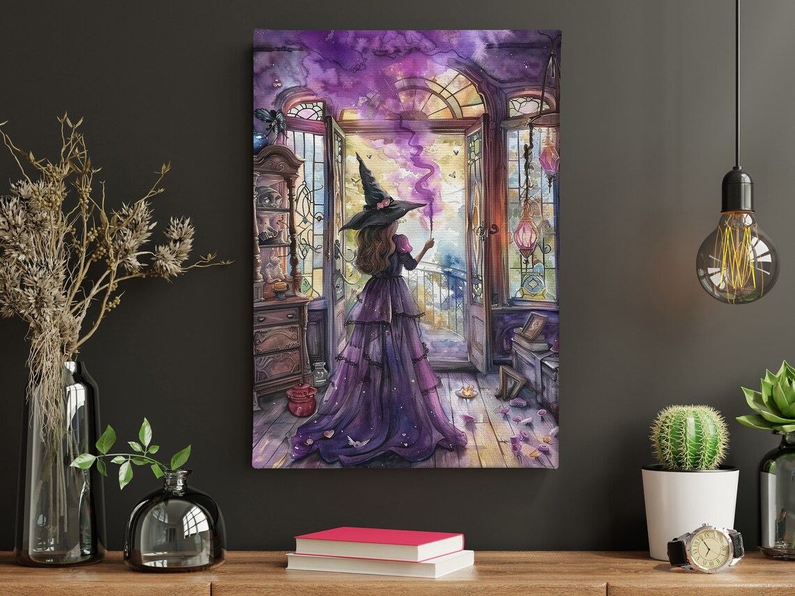 Young Witch in Magic Room Halloween Watercolor Art Print - Image 4
