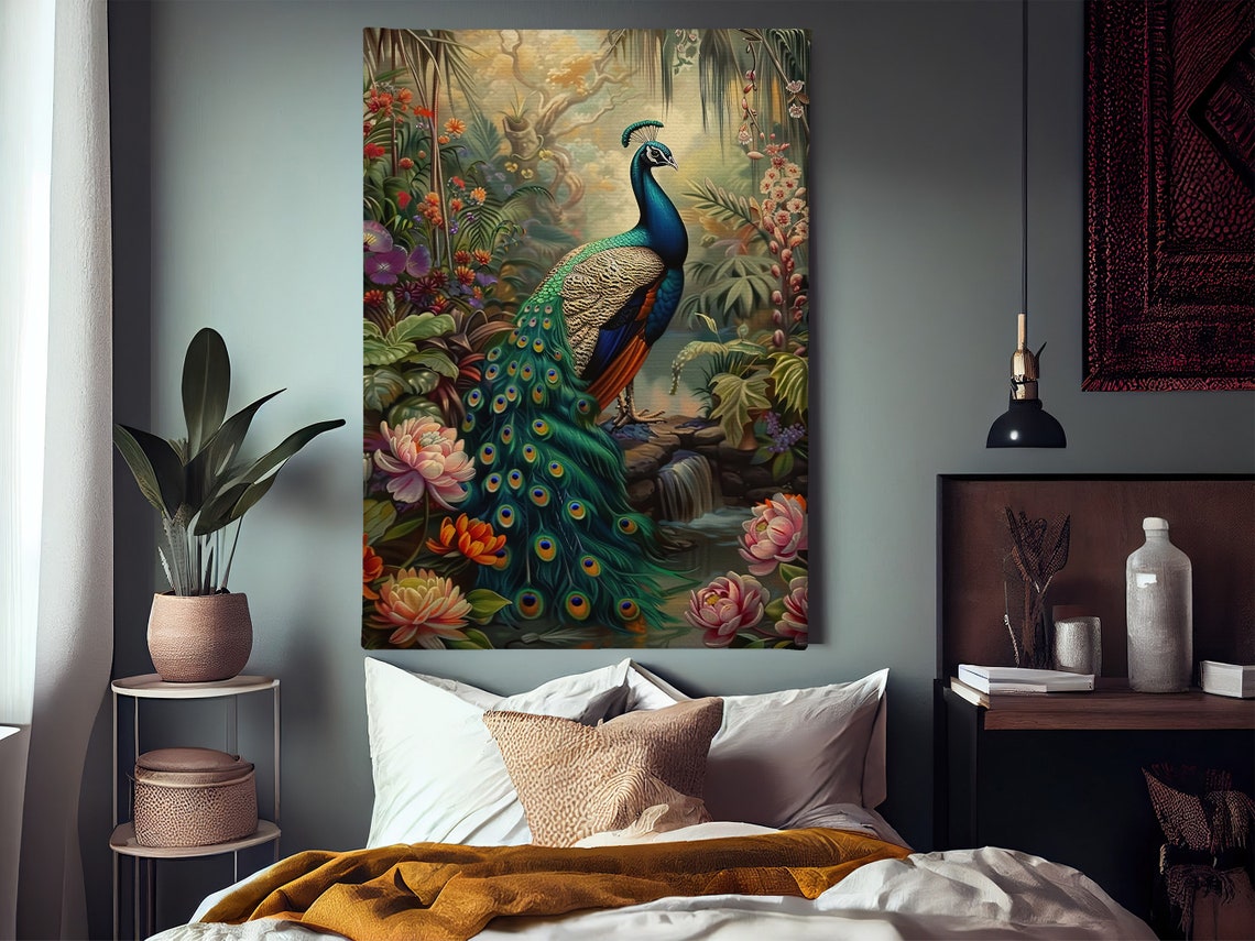 Majestic Peacock With Full Tail In Tropical Floral Jungle Bird Poster - Image 2