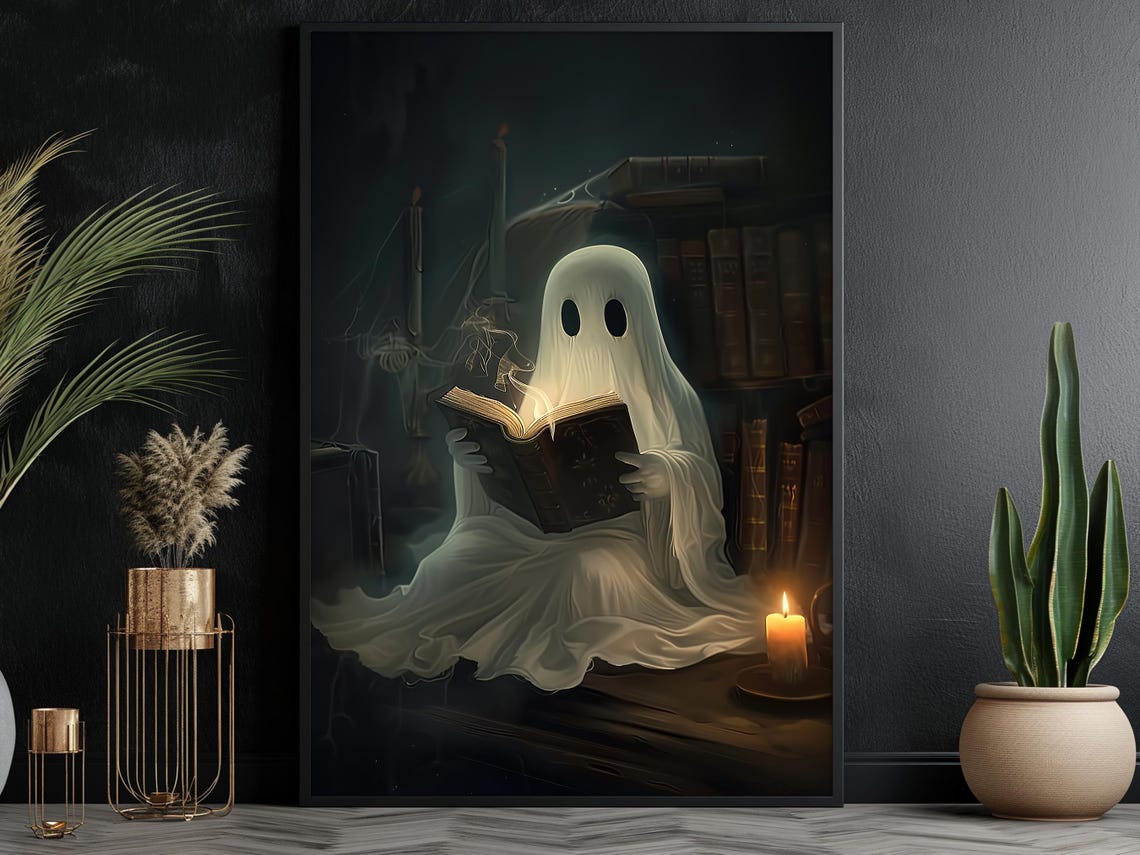 Ghost Reading Glowing Book By Candlelight Cute Halloween Art Print - Image 6