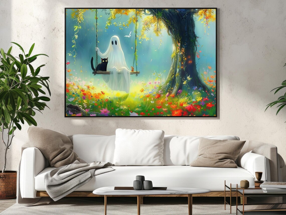 Sweet Ghost on Tree Swing with Black Cat in Sunny Flower Meadow Poster - Image 4