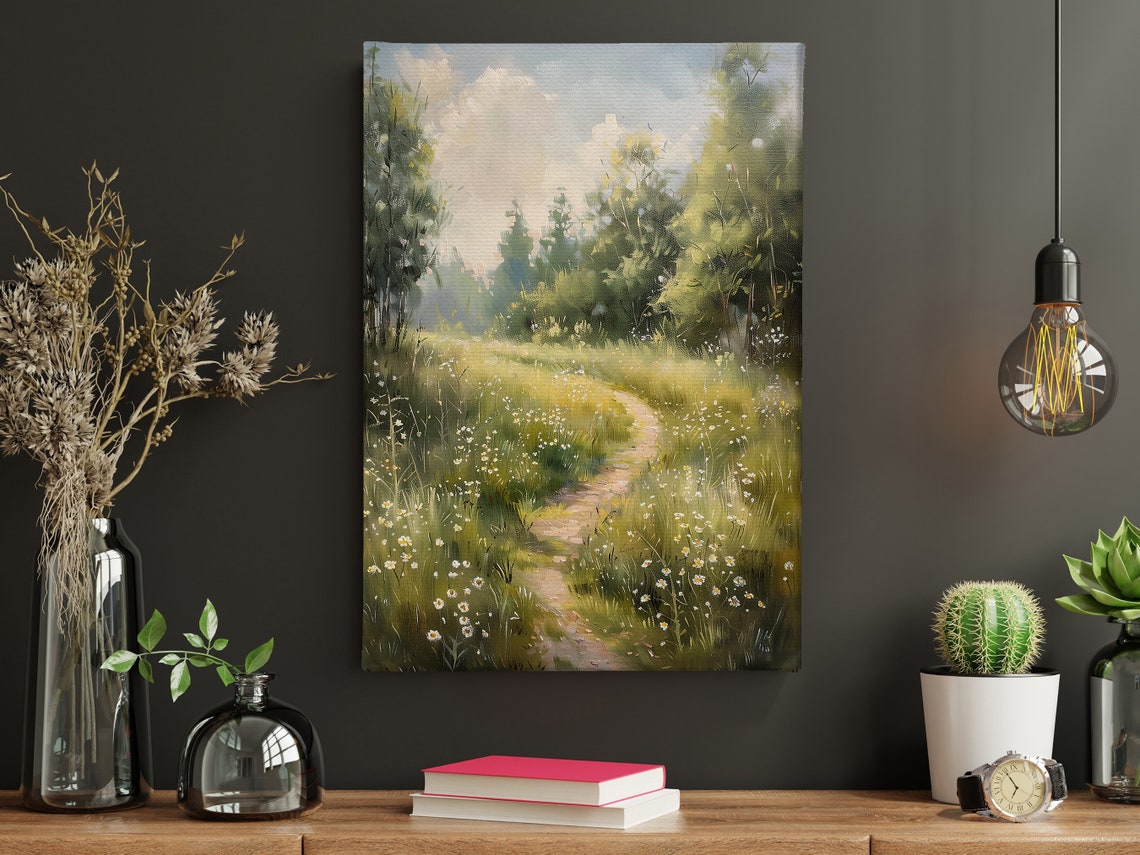 Sunlit Country Path Through Wildflower Meadow Cottage Landscape Poster - Image 4