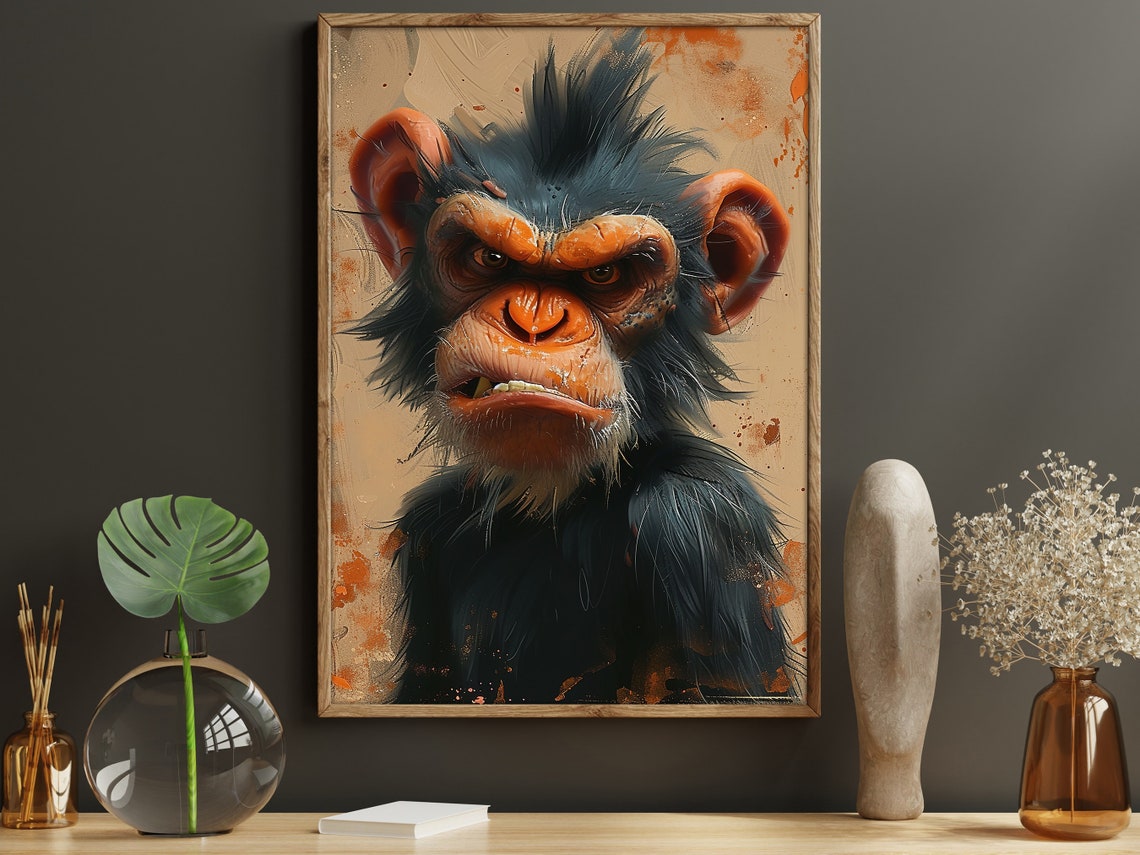 Grumpy Chimpanzee Bold Brush Portrait Funny Animal Wall Art Poster - Image 3