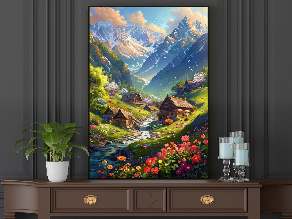 Vintage Peaceful Village Oil Painting Dreamy Land Art Print Landscape Print Flowers Wall Art Landscape Print - Image 5