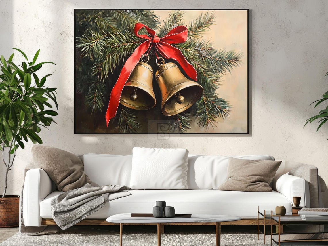 Brass Jingle Bells With Red Ribbon Bow Hanging In Snowy Pine Poster - Image 5