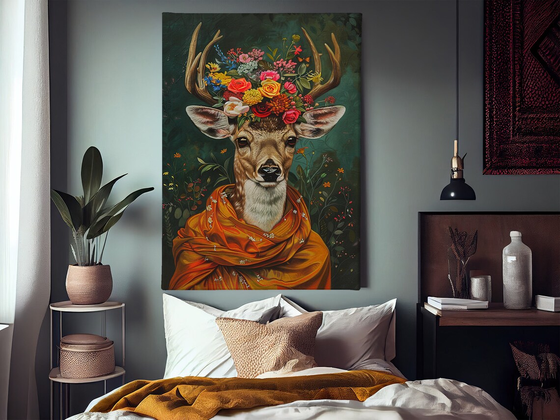 Deer With Flower Crown Orange Shawl Antlers Maximalist Floral Art Poster - Image 2