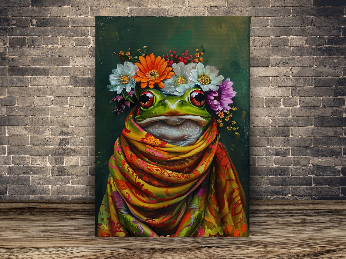 Green Frog Flower Crown Colorful Scarf Whimsical Animal Art Poster - Image 2