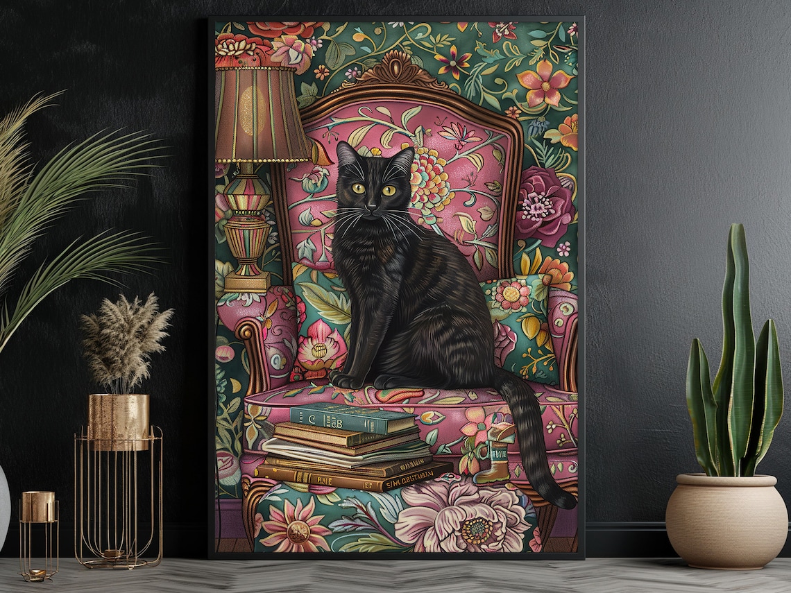 Black Cat On Floral Armchair With Books Maximalist Art Wall Poster