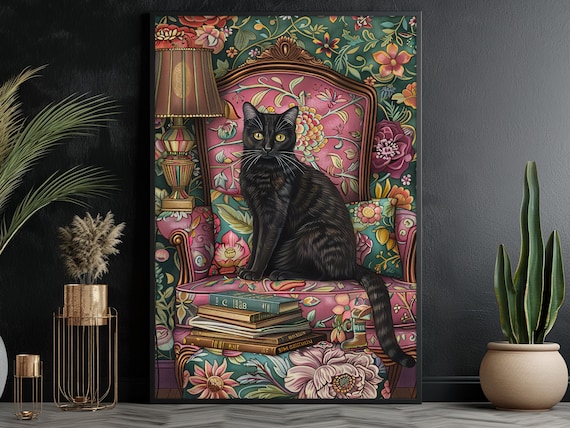 Black Cat On Floral Armchair With Books Maximalist Art Wall Poster