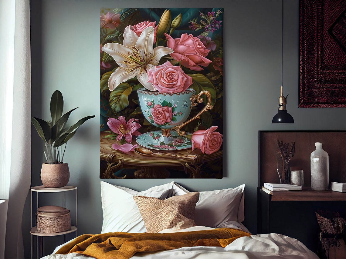 Pink Roses And White Lily In Porcelain Teacup Still Life Art Poster - Image 2