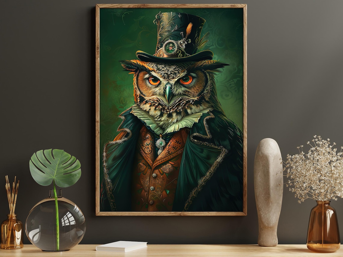 Gothic Owl In Suit Art Print, Dark Gentleman