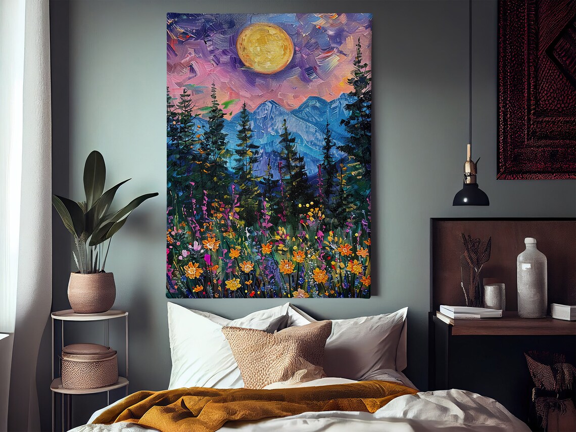 Vintage Moon And Forest Mountain Art Print - Image 2