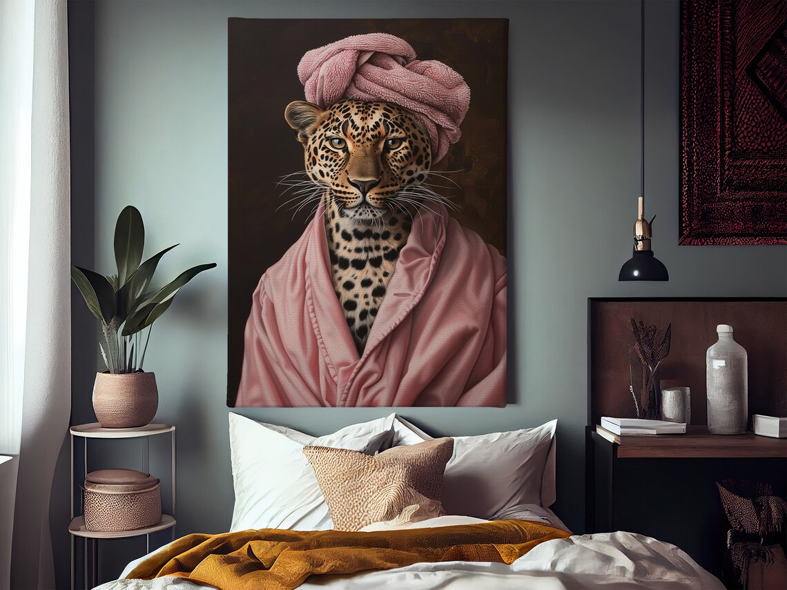 Leopard In Pink Bathrobe Towel Turban Funny Animal Portrait Humor Poster - Image 2