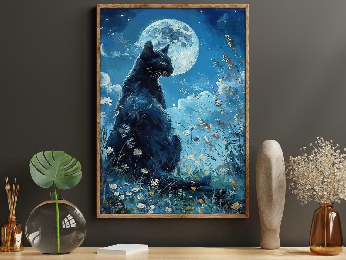 Black Cat Under Full Moon Night Wildflowers Mystical Art Poster - Image 5