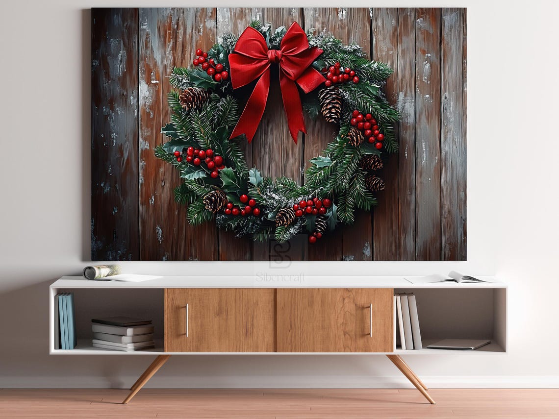 Christmas Wreath With Big Red Bow On Rustic Wooden Door Winter Poster - Image 4