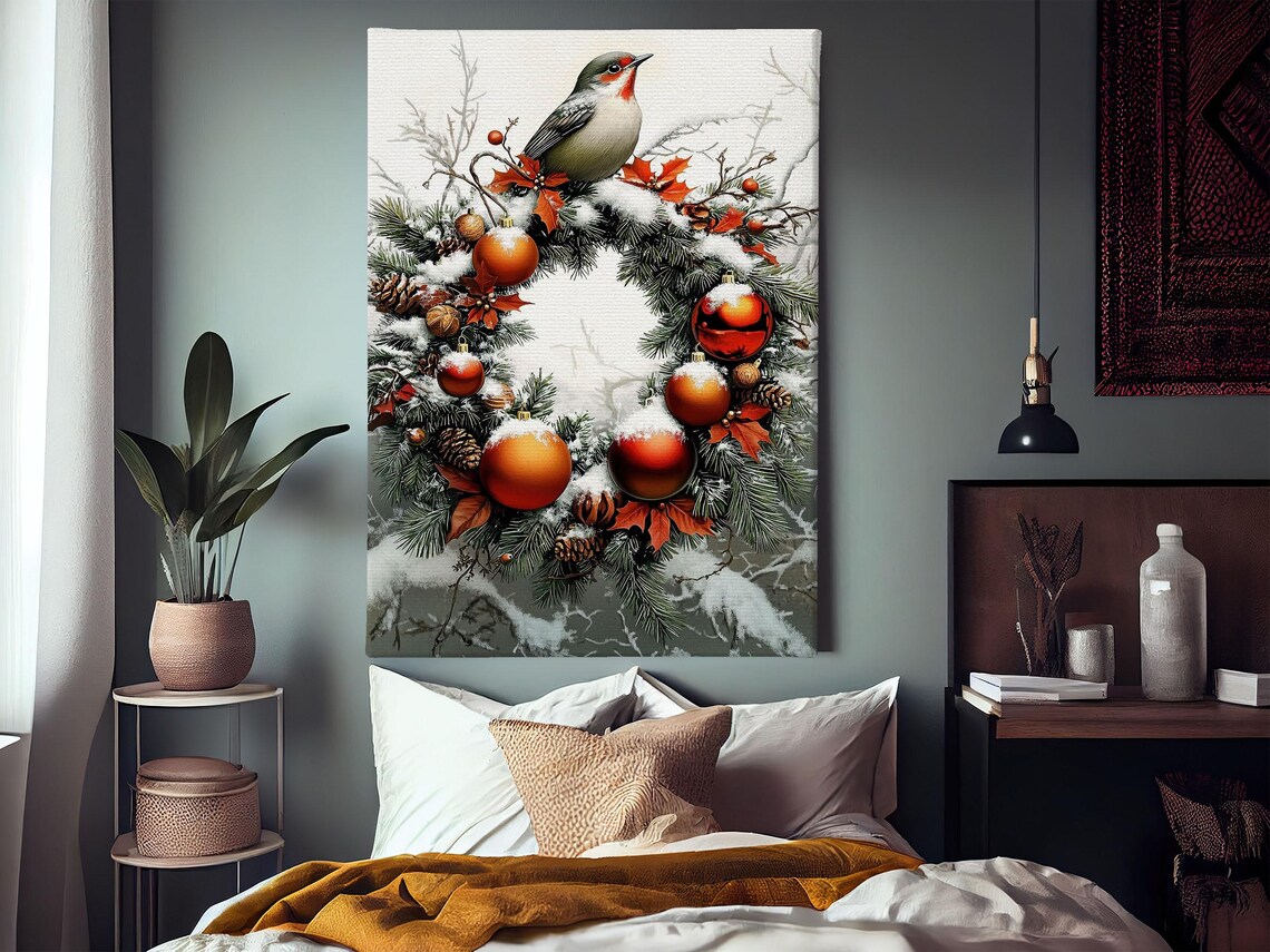 Vintage Christmas Wreath With Red Ornaments And Snowy Songbird Print - Image 4