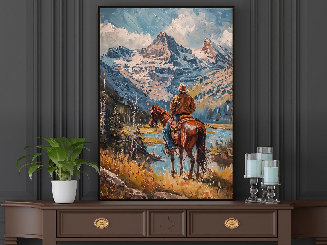 Cowboy On Horseback Snowy Mountain Lake Western Landscape Poster - Image 5