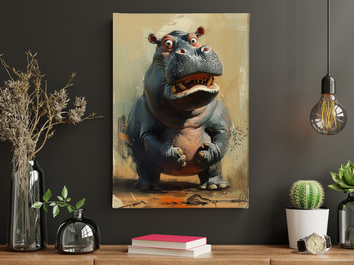 Funny Cartoon Hippo Standing Grinning Playful Wildlife Art Poster - Image 4