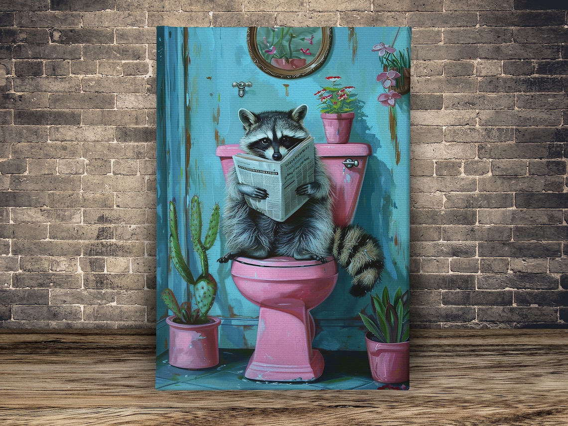Funny Raccoon Reading Newspaper On Pink Toilet Bathroom Wall Poster - Image 2