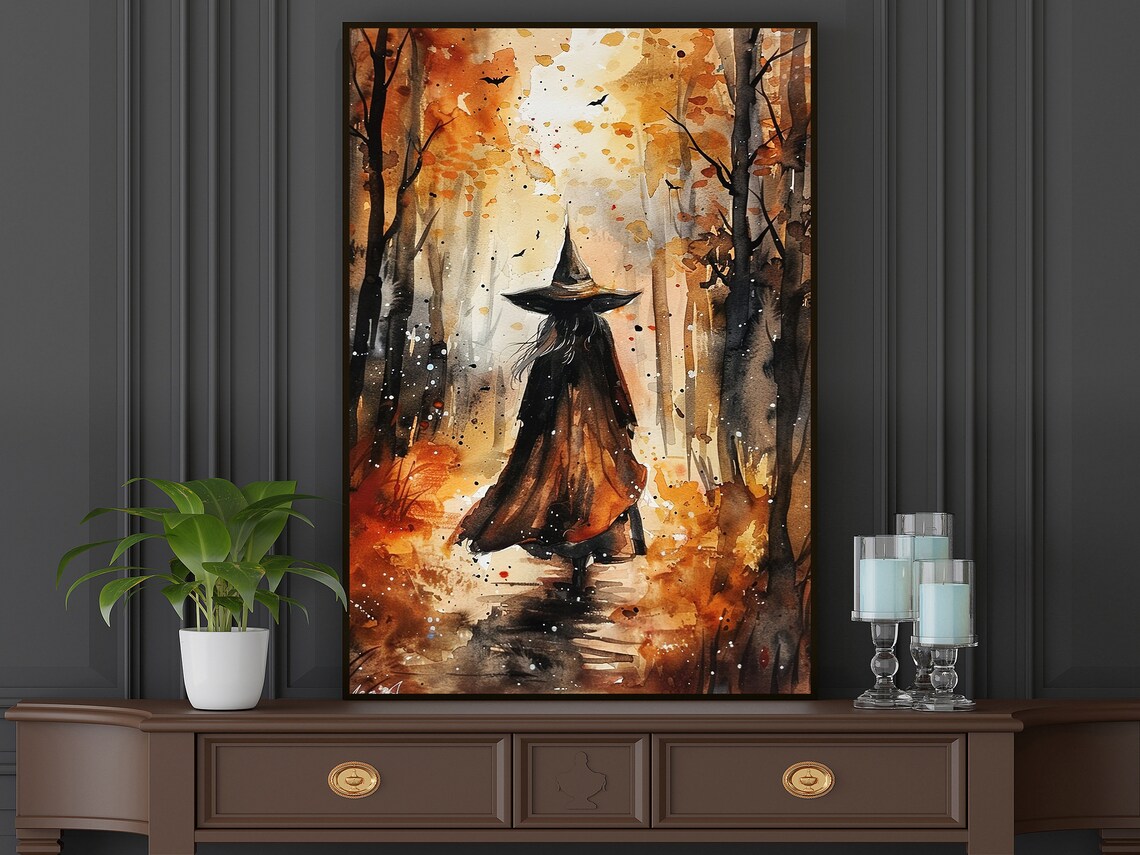 Witch Autumn Forest Watercolor Walking Woods Fall Leaves Halloween Art Poster - Image 5