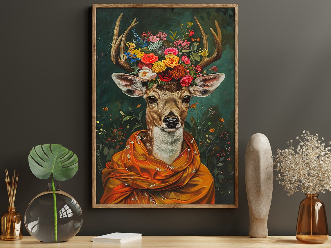 Deer With Flower Crown Orange Shawl Antlers Maximalist Floral Art Poster