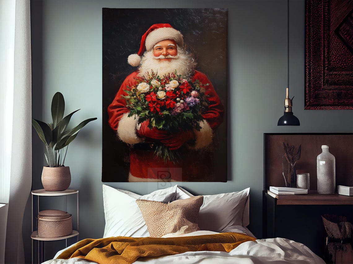 Vintage Santa Hold Flowers Painting Warm Santa Print Cottage Santa Claus Poster Print Christmas Wall Art Cozy Christmas Decor - Image 3