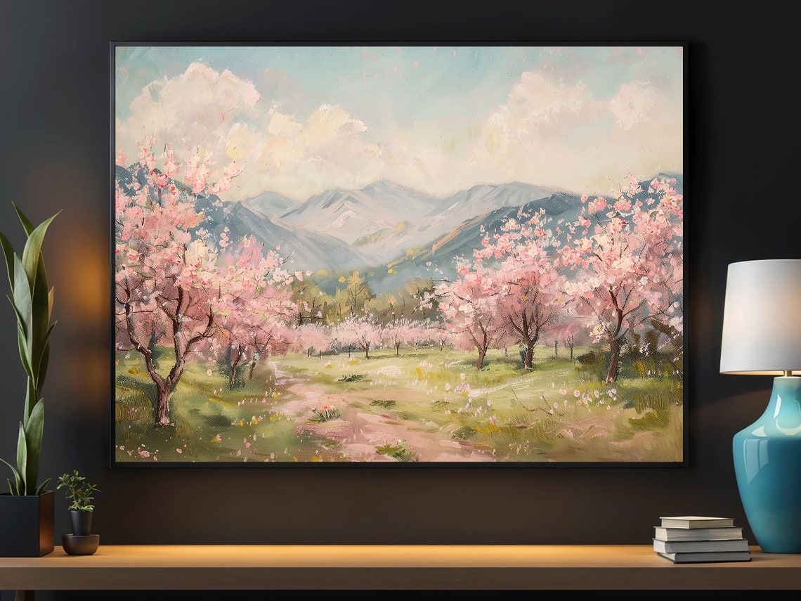 Cherry Blossom Orchard In Spring With Mountains Landscape Art Poster
