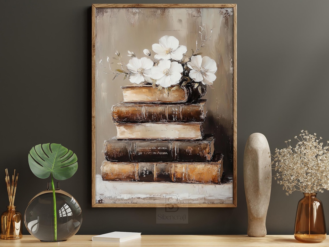 Vintage Flowers and Books, Cottage Floral Poster Print