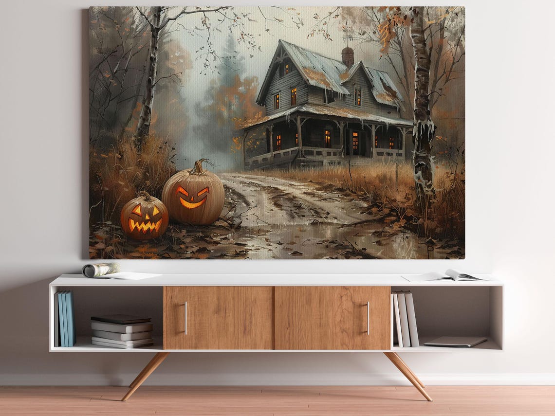 Haunted Old Farmhouse with Glowing Jack O Lanterns on Dirt Road Poster - Image 6