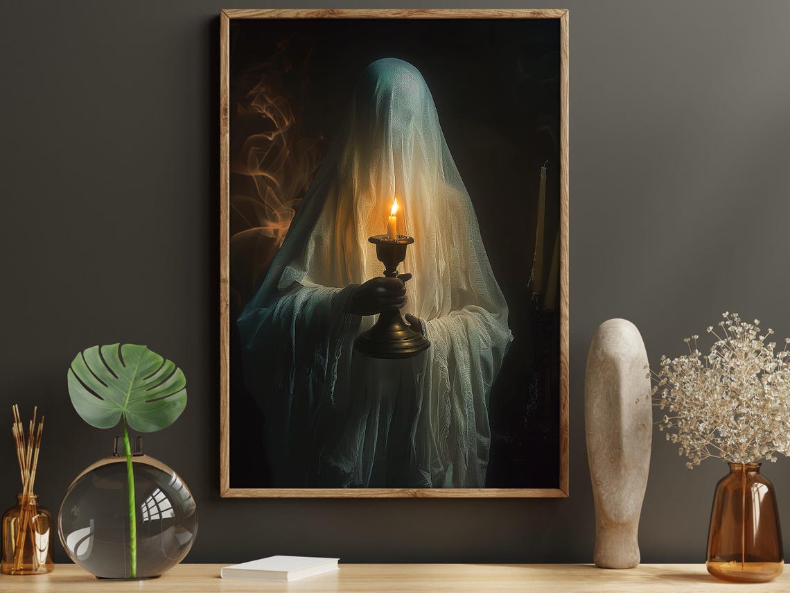 Veiled Ghost Holding Candle Dark Elegant Spooky Halloween Wall Art - Image 6