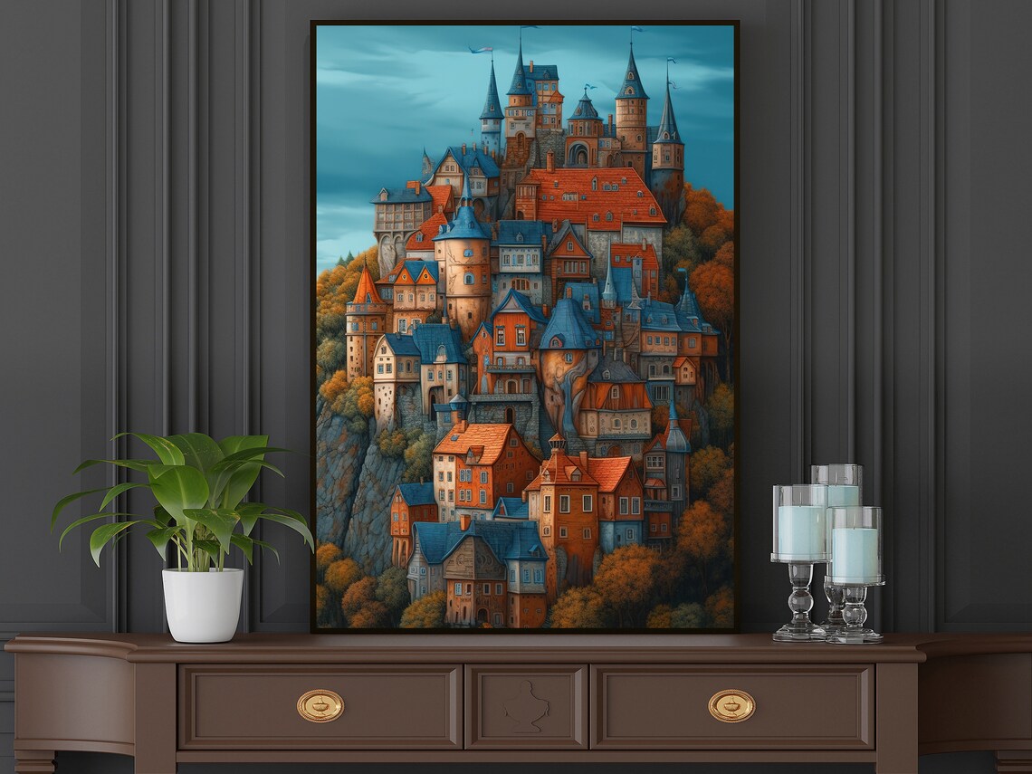Whimsical Fairytale Castle Hilltop Town Medieval Fantasy Art Poster - Image 5