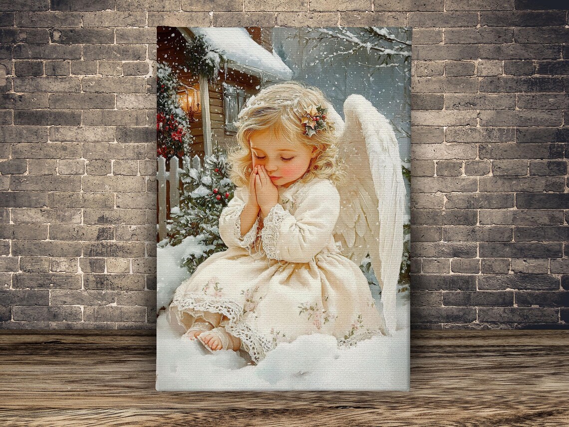 Little Angel Girl Praying In Snow Outside Cottage With Holly Vintage Print - Image 2