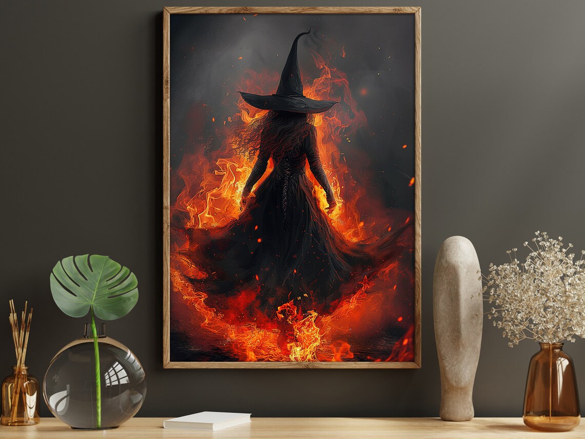 Dark Surreal Fire Witch Poster, Halloween Wall Art - Image 2