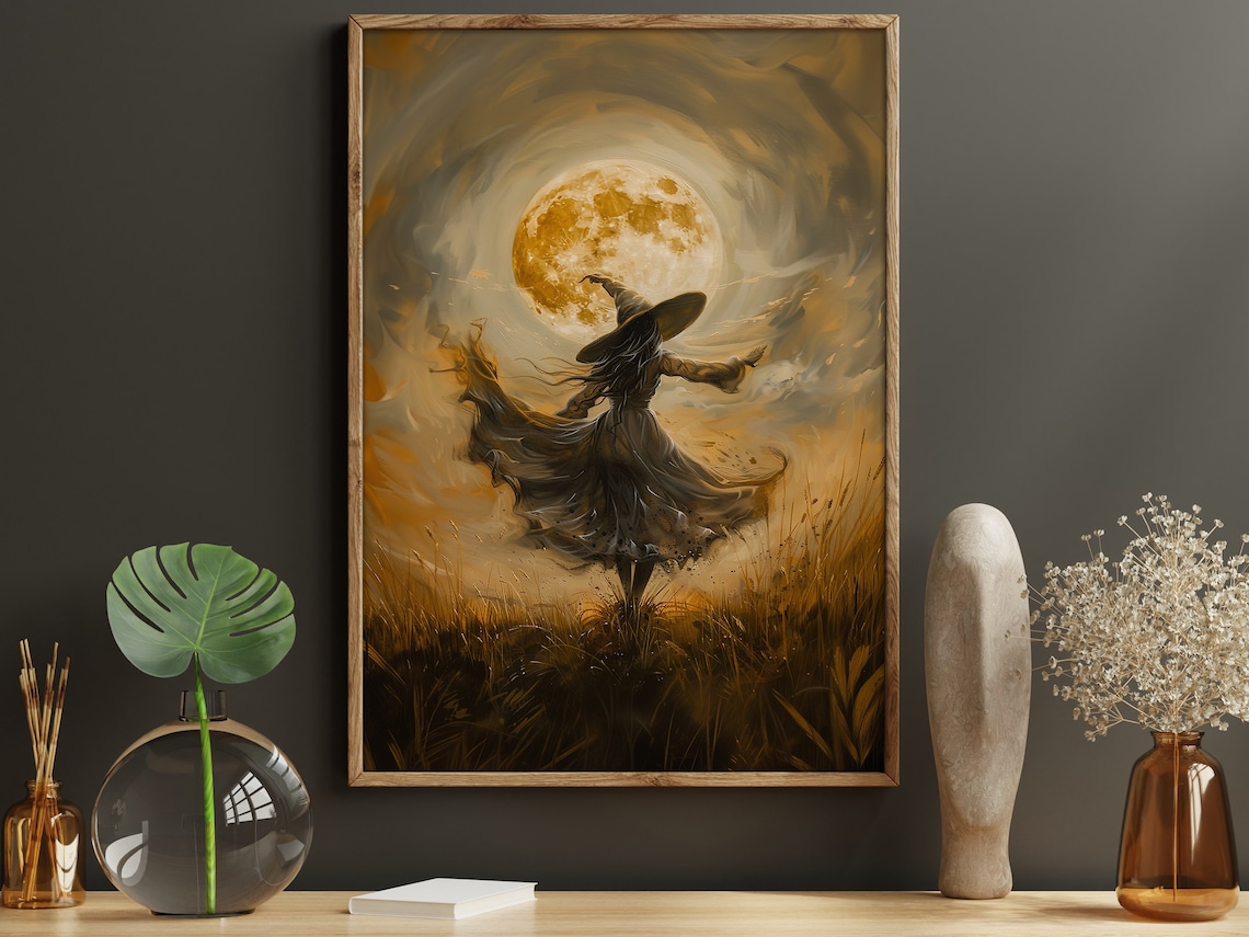 Cottage Witch Dancing Under Moonlight, Vintage Poster Print