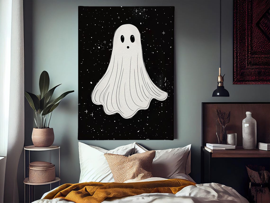Minimalist Cute White Ghost on Black Starry Night Sky Art Poster - Image 3